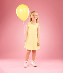 Obraz na płótnie Canvas Girl, child and portrait with a balloon in studio on a pink background with smile. Female kid model with happiness, creativity and yellow birthday party decoration in hand isolated on color and space