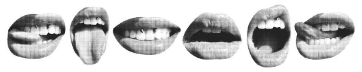 Set with halftone lips. Female lips with tongue and piercing.Trendy vector  pieces. Modern forms for card, print on clothes. Creative collage. © bosotochka