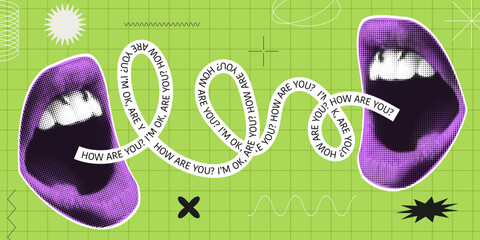 Contemporary art collage with female open mouth. Female halftone lips with tongue and piercing. Trendy vector pieces. Creative collage in Y2K style for social media, card, print on clothes. 