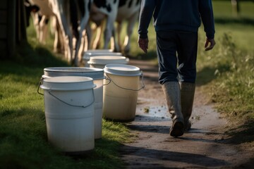 farmer against the background of a herd of cows with cans of milk. generative AI