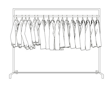 Outline of clothes hanging on hangers from black lines isolated on white background. Side view. 3D. Vector illustration.