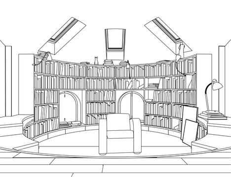 Outline of a library with a lot of books with an armchair from black lines isolated on a white background. Circle Library. 3D. Vector illustration.