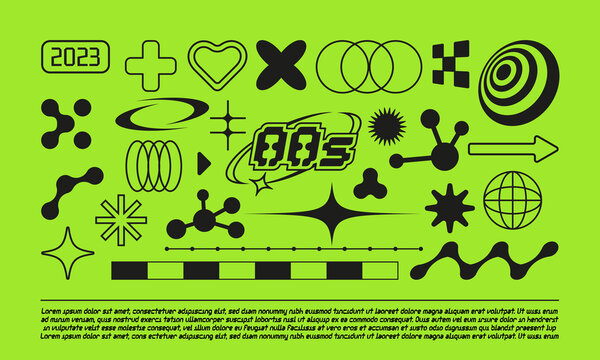 Set with different Y2k elements for design.Trendy geometric brutalism forms, memphis elements. Simple shapes forms, symbols and frames y2k style.