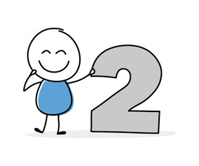 Happy cartoon stickman holding number two icon. Hand drawn design for a business presentation. Vector illustration
