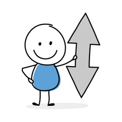 Cartoon stickman holding arrow icon. Funny hand drawn design for business presentation. Vector illustration