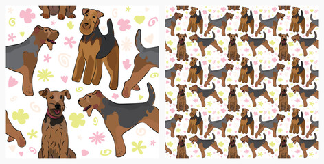 Spring pattern with spirals, leaf, flowers, welsh terrier dogs. Pastel colors. Elegant, soft seamless background, abstract summer pattern with hand-drawn colorful shapes. Delicate, gender-neutral.