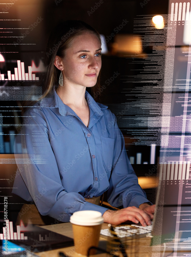 Leinwandbilder Woman typing, coding and data analytics hologram of dashboard at night, digital overlay and stock market statistics. Trading, information technology and keyboard, female coder and fintech with graph