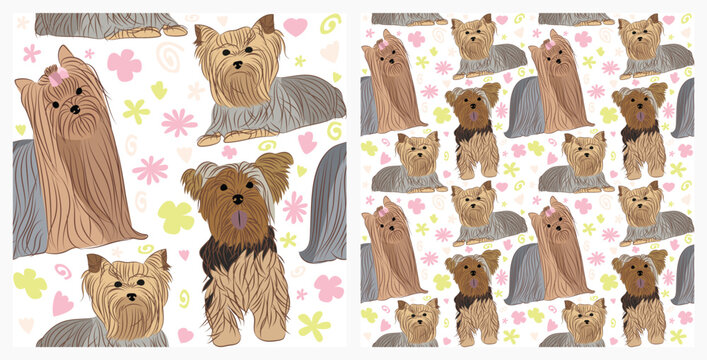 Spring pattern with spirals, leaf, flowers, Yorkshire Terrier dogs. Pastel colors. Elegant, soft seamless background, abstract summer pattern with hand-drawn colorful shapes. Delicate, gender-neutral.