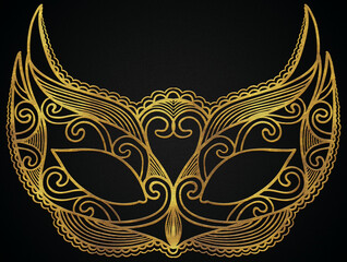 Golden Beautiful masquerade mask on black background., elegant golden mask, Classy carnival party.