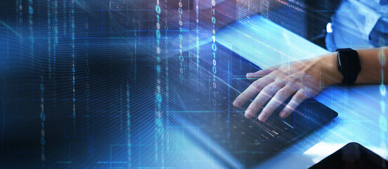 Programmer working on javascript computer code with virtual screen. Programming code technology and...