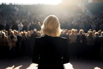Back view of female politician in black suit standing on stage facing an audience of hundreds. generated AI - obrazy, fototapety, plakaty