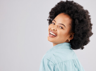 Space, happy and portrait of black woman in studio with smile, confidence and happiness on white background. Fashion, success mockup and face of girl with positive mindset, pride and empowerment