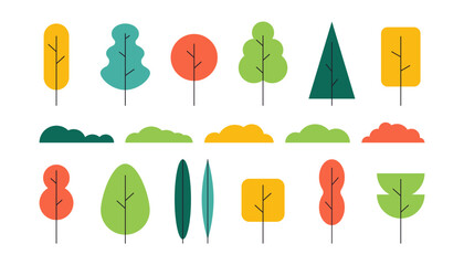 Simple trees bushes. Cartoon forest plants with foliage, minimal shrub botanical garden nature elements. Vector flat set