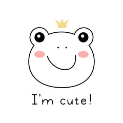 Little Frog face doodle style. Hand drawn illustration with cute cartoon Toad with crown and lettering. Kids design frog muzzle. Vector illustration isolated on white