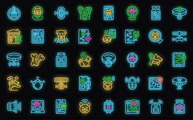 Pet tracker icons set outline vector. Animal care. City control neon color on black