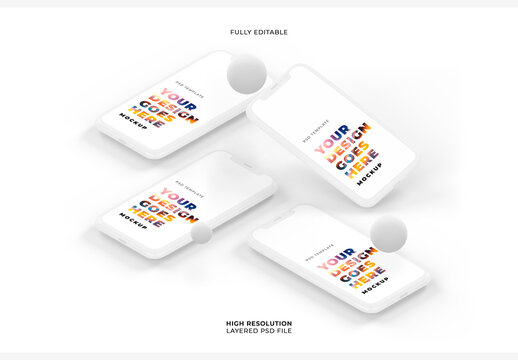 4 White Smartphones Mockup with 3D Geometry Floating Shapes on Light Red Background
