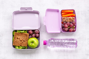 Student meal in purple lunch boxes filled with sandwich and fruits