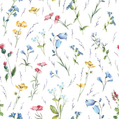 Floral seamless pattern with hand painted soft watercolor flowers blossom on white background. Textile floral pattern design