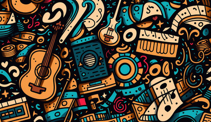 Cartoon cute doodles music seamless pattern Generative AI