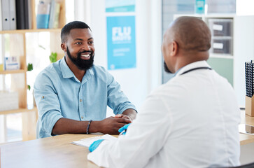Doctor, black man and healthcare consultation with a wellness and hospital worker in a office....
