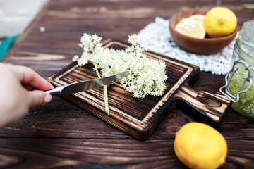 Cutting elderberry inflorescences to prepare phytomedicine preparations from medicinal plants, or a...