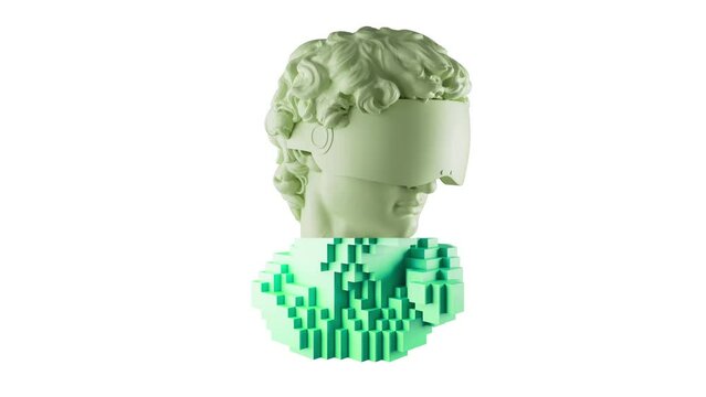 3D Colorful Pixelated Rotating David Head In VR Glasses Animation. Glitch Effect. Abstract Futuristic  Sculpture In Modern Art Style. NFT Cryptoart Concept. 4K