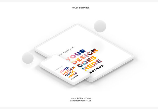 Floating Isometric Smartphone Mockup with White Tablet on White Clay Background
