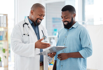 Healthcare, black man and doctor with clipboard, diagnosis and conversation for results, smile and care. Male patient, guy and medical professional with documents, paperwork for insurance and talking