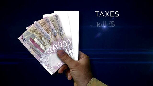 Qatar Riyal paper note holding. Fan of QAR banknotes in hand. Metaphor concept of income loss, cost of live, tax, credits and money decline.