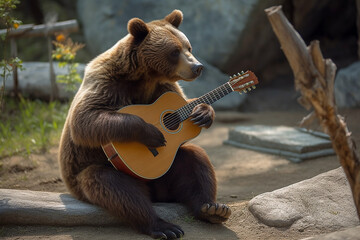 Funny bear playing guitar. Wild animal playing musical instrument. Music performance and animals concept. Ai generated