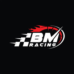 Naklejka premium BM initial letter with speed meter logo design, Racing speed logo letter, speedometer, speed meter logo, car racing with flag logo design vector
