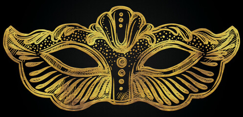 Golden Beautiful masquerade mask on black background., elegant golden mask, Classy carnival party.