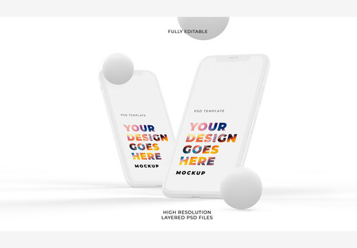 2 White Smartphones in Vertical Position with 3D Shapes on Light Background

