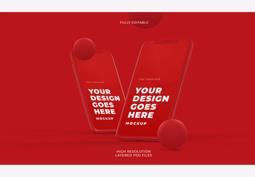 Two Red Smartphones Mockup with Isometric View on Red Background
