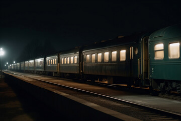 Fototapeta premium passenger train at night. AI Generated