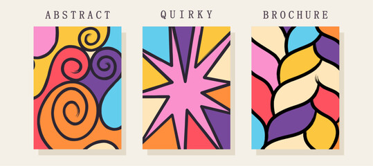 Quirky posters. Colorful randome freehand shapes. Cheerful stylized children's creativity. Trendy composition from brush strokes and spots. Vector template