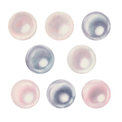 Watercolor hand drawn illustration of sea pearls. Groups and individual beads for the design of patterns, invitations, cards, wallpapers, postcards Elements isolated on white background