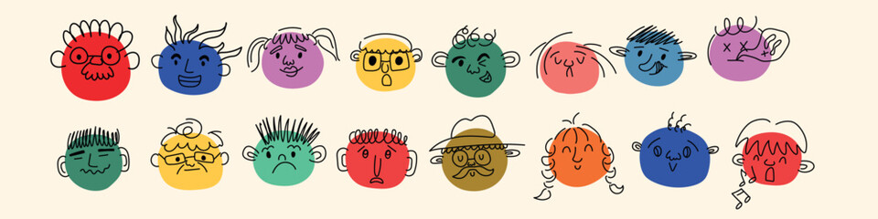 Obraz premium Round abstract comic Faces with different emotions. Pencil drawing style. Various colorful characters. Cartoon style. Flat design. Hand drawn fashion vector illustration.