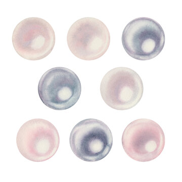 Watercolor hand drawn illustration of sea pearls. Groups and individual beads for the design of patterns, invitations, cards, wallpapers, postcards Elements isolated on white background