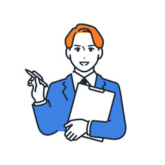 ヒアリングをする若いビジネスマンのシンプルなベクターイラスト素材