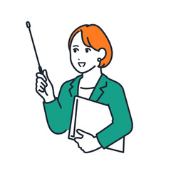 指示棒を持って説明する若いビジネスウーマンのシンプルなベクターイラスト素材