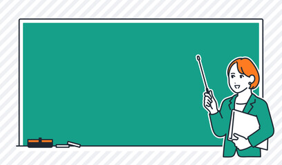 黒板の前で説明する若いビジネスウーマンのシンプルなベクターイラスト素材 © KatoSaori