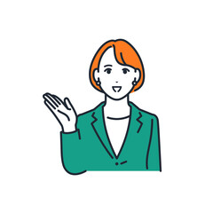 笑顔で案内をするスーツを着た若い女性のシンプルなベクターイラスト素材