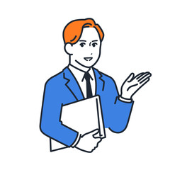 ファイルを持って案内をするスーツを着た若い男性のシンプルなベクターイラスト素材