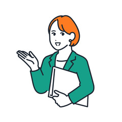 ファイルを持って案内をするスーツを着た若い女性のシンプルなベクターイラスト素材