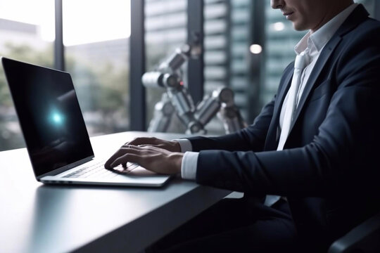 Businessman using laptop computer. AI Generated