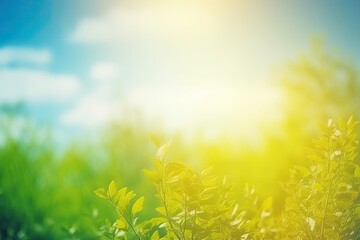 Fototapeta na wymiar fresh spring blue sunny sky background with blurred warm sunny glow - Generative AI