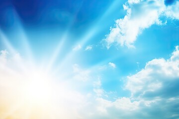 Naklejka na ściany i meble fresh spring blue sunny sky background with blurred warm sunny glow - Generative AI