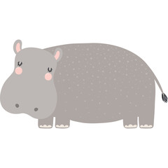 Cute funny hippo cartoon character illustration. Hand drawn Scandinavian style flat design, isolated vector. Tropical animal, jungle wildlife, safari, nature, kids print element