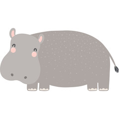 Cute funny hippo cartoon character illustration. Hand drawn Scandinavian style flat design, isolated vector. Tropical animal, jungle wildlife, safari, nature, kids print element